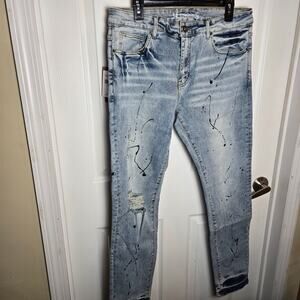 NWT Crysp Denim Men's Distressed Vintage Wash Paint Splatter Skinny Jeans 34/32